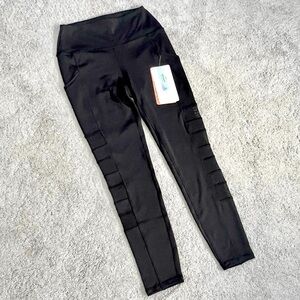 🎁 Gottex Black Athletic Leggings with Sheer Cut-outs Down Legs Size S NWT